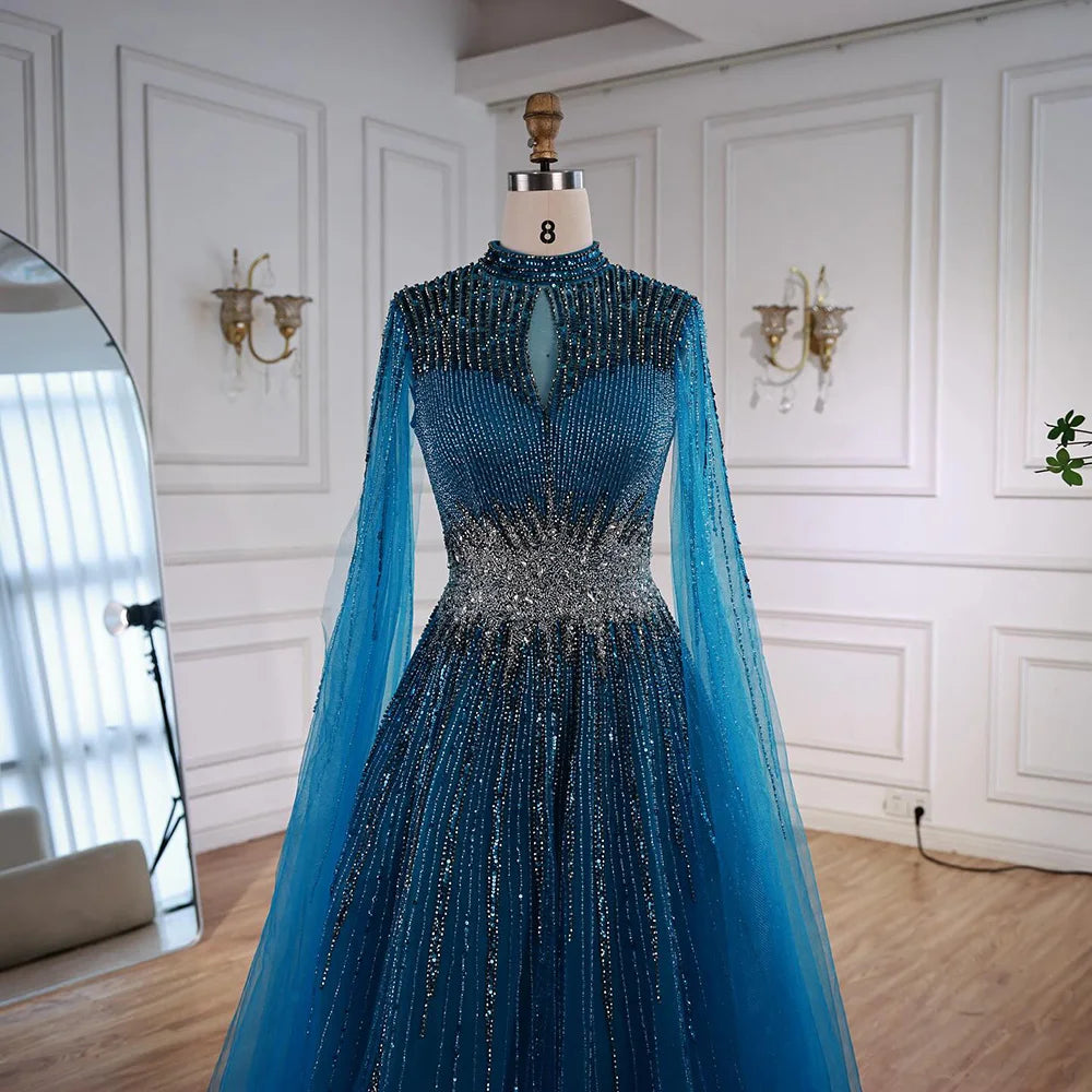 blue prom dress modest Luxury Modest Blue Beaded Evening Dress with Cape LA73059 – SERENE HILL