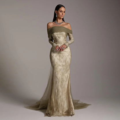 Elegant Olive Green Evening Dress with Lace Sleeves LA72942 - SERENE HILL