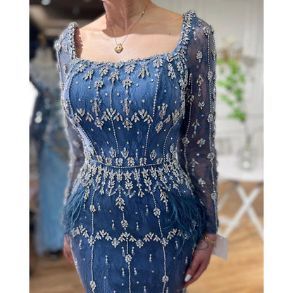 Luxury Black Feathers Midi Evening Dress with Long Sleeve LA71492AM - SERENE HILL