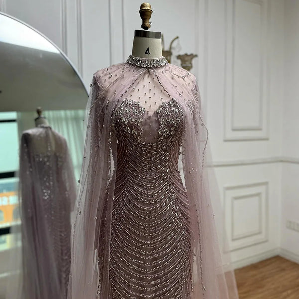 Luxury Pink Beaded Cape Sleeve Arabic Evening Dress LA73134