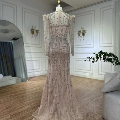 Luxury Dubai Pink Elegant Pearls Beaded Mermaid Evening Dress LA72826 - SERENE HILL