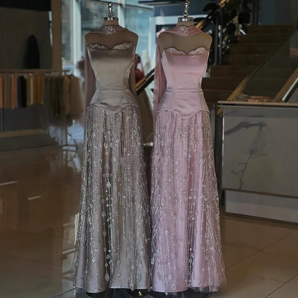 Luxury Sage Green and Pink Arabic Beaded Evening Dress LA72805D - SERENE HILL