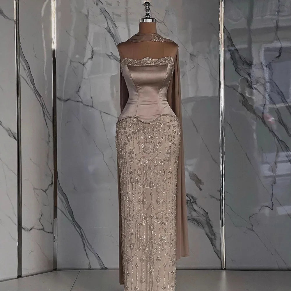 Luxury Caramel Satin Beaded Evening Dress with Bodice LA72805C - SERENE HILL