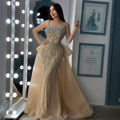 Luxury Dubai Nude Saudi Beaded Spaghetti Strap Evening Dress with Overskirt LA72810 - SERENE HILL