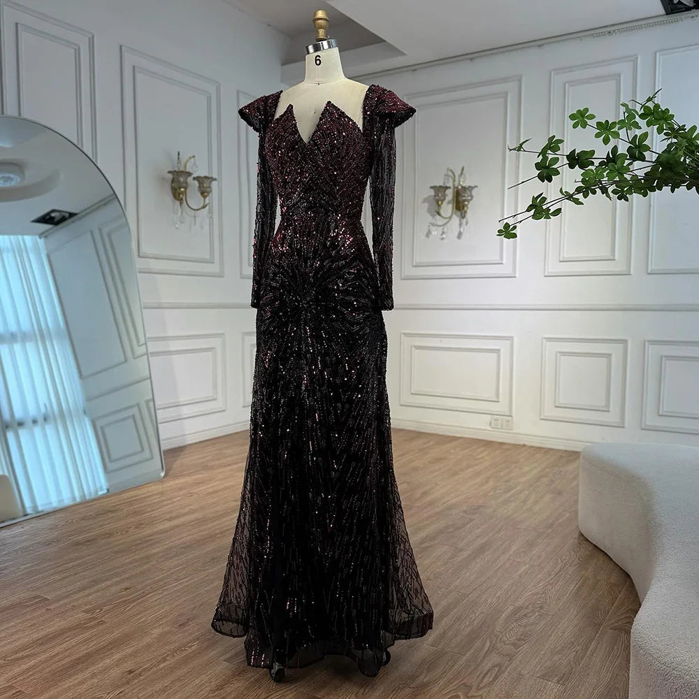 Luxury Wine Red Sequined Long Sleeve Evening Dress LA73126 - SERENE HILL