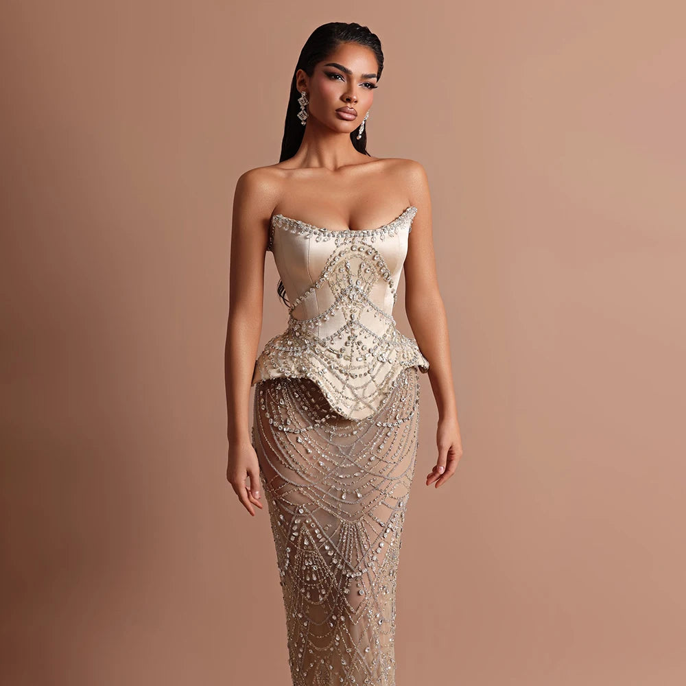 Luxury Nude Beaded Mermaid Evening Dress LA73166 - SERENE HILL