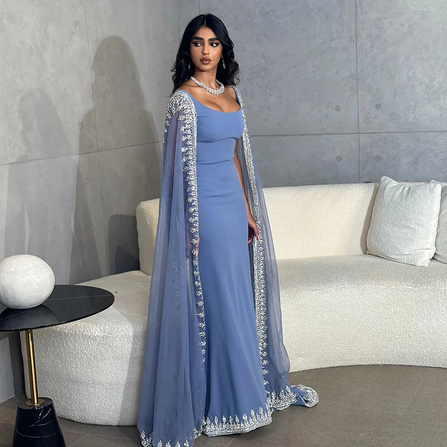 Luxury Blue Mermaid Beaded Evening Dress with Cape Sleeves LA72086 - SERENE HILL
