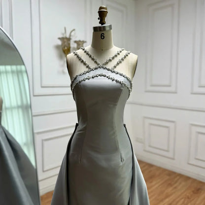 Elegant Light Blue Satin Evening Dress with Overskirt LA72524 - SERENE HILL