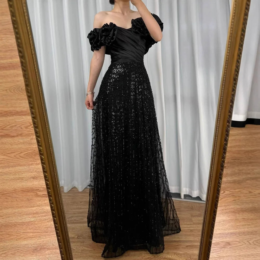 Luxury Black Off Shoulder Sequin Evening Dress with Floral Sleeves LA73096 - SERENE HILL
