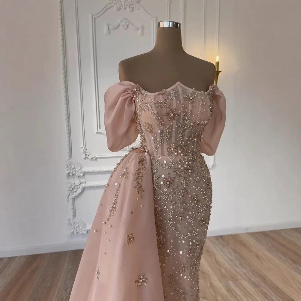 Luxury Nude Off Shoulder Pearl Beaded Mermaid Evening Dress with Overskirt LA73109 - SERENE HILL