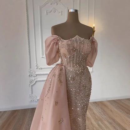 Luxury Nude Off Shoulder Pearl Beaded Mermaid Evening Dress with Overskirt LA73109 - SERENE HILL