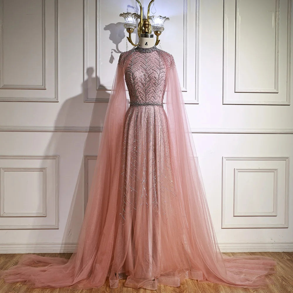 Luxury Elegant Pink Beaded Evening Dress with Cape LA73033 - SERENE HILL