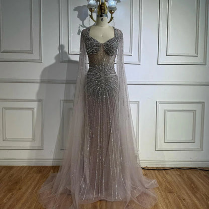 Luxury Nude Beaded Evening Dress with Cape Sleeves LA72575C - SERENE HILL