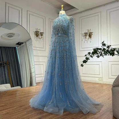 Luxury Blue Beaded A-Line Evening Gown with Cape Sleeves LA71803G - SERENE HILL