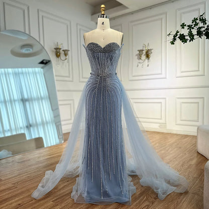 Pink Pearls Beaded Arabic Mermaid Evening Dress with Overskirt LA72811B - SERENE HILL