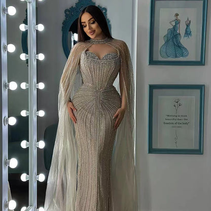 Luxury Dubai Caramel Beaded Evening Dress With Cape LA72811C - SERENE HILL