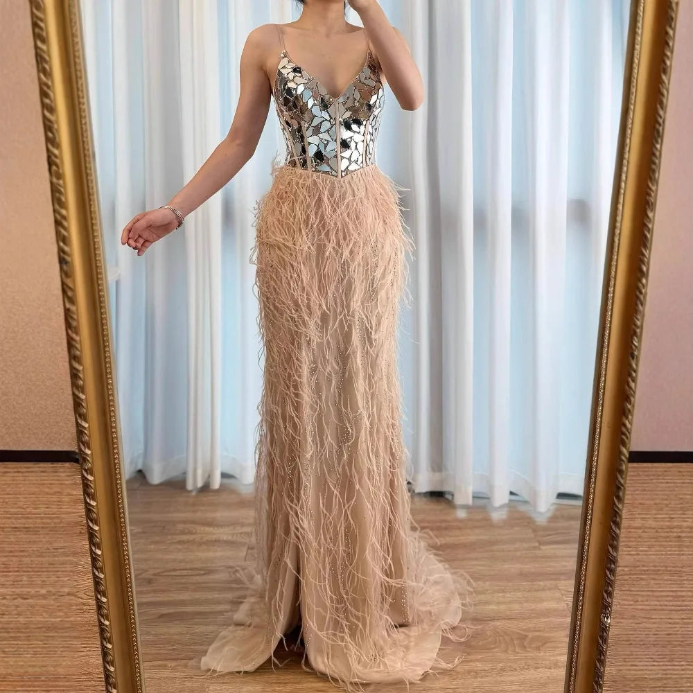 Luxury Peacock Blue Feather Evening Dress with Mirror Beaded Bodice LA73008 - SERENE HILL