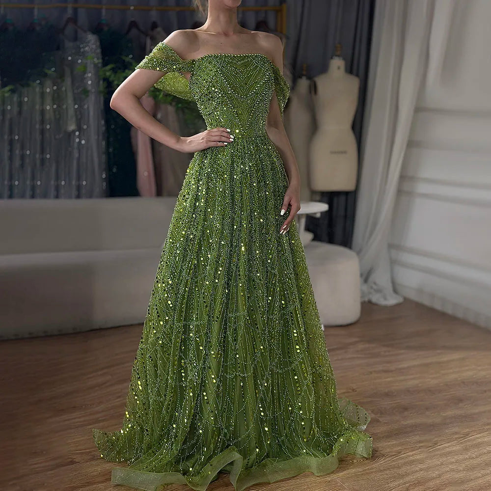 Luxury Beaded Champagne Off-Shoulder Evening Dress LA72738 - SERENE HILL