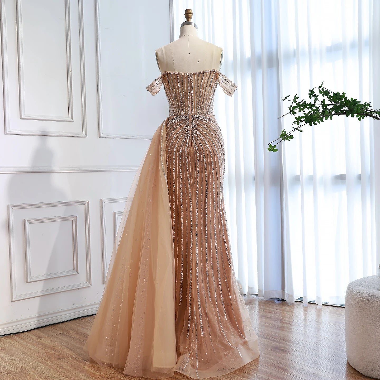 Luxury Nude Off Shoulder Beaded Mermaid Gown with Overskirt LA73139 - SERENE HILL