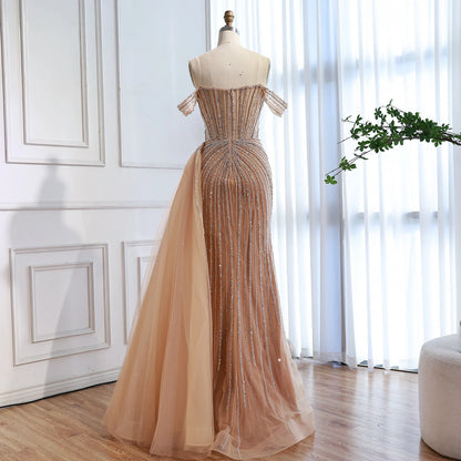 Luxury Nude Off Shoulder Beaded Mermaid Gown with Overskirt LA73139 - SERENE HILL