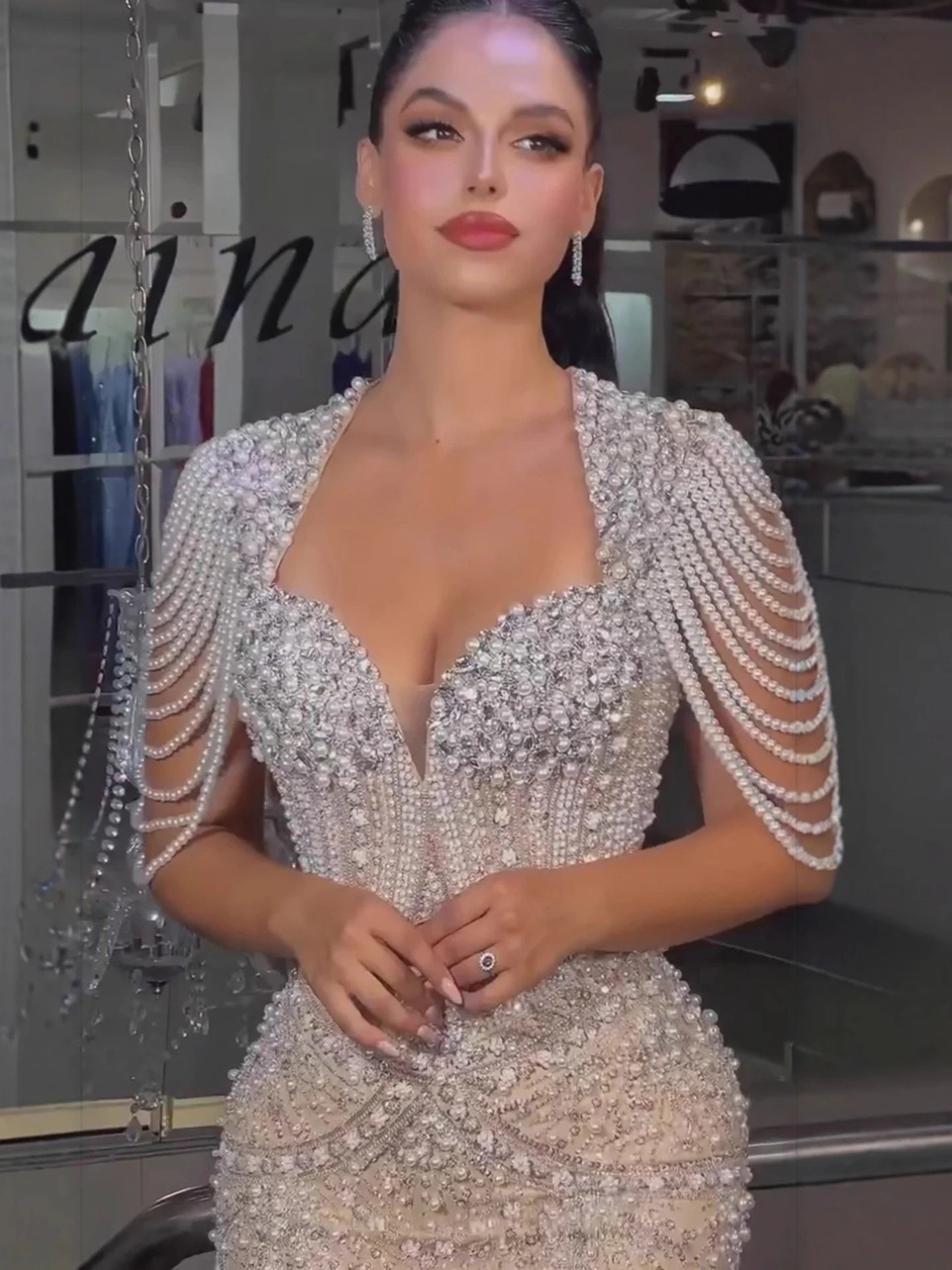 Luxury Nude Pearls Beaded Mermaid Evening Dress LA73199 - SERENE HILL