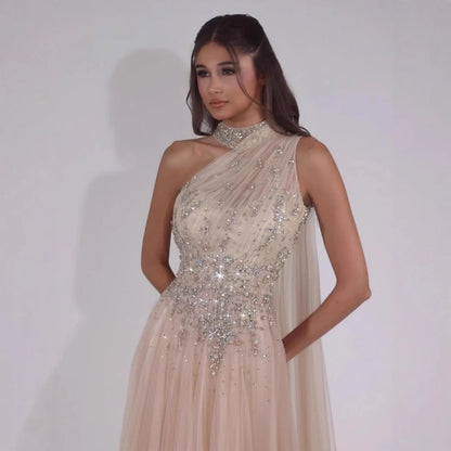 Luxury Nude A Line One Shoulder Beaded Evening Dress LA73154 - SERENE HILL