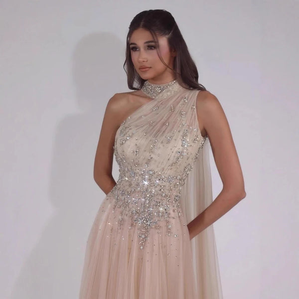 Luxury Nude  A Line One Shoulder Beaded Evening Dress LA73154