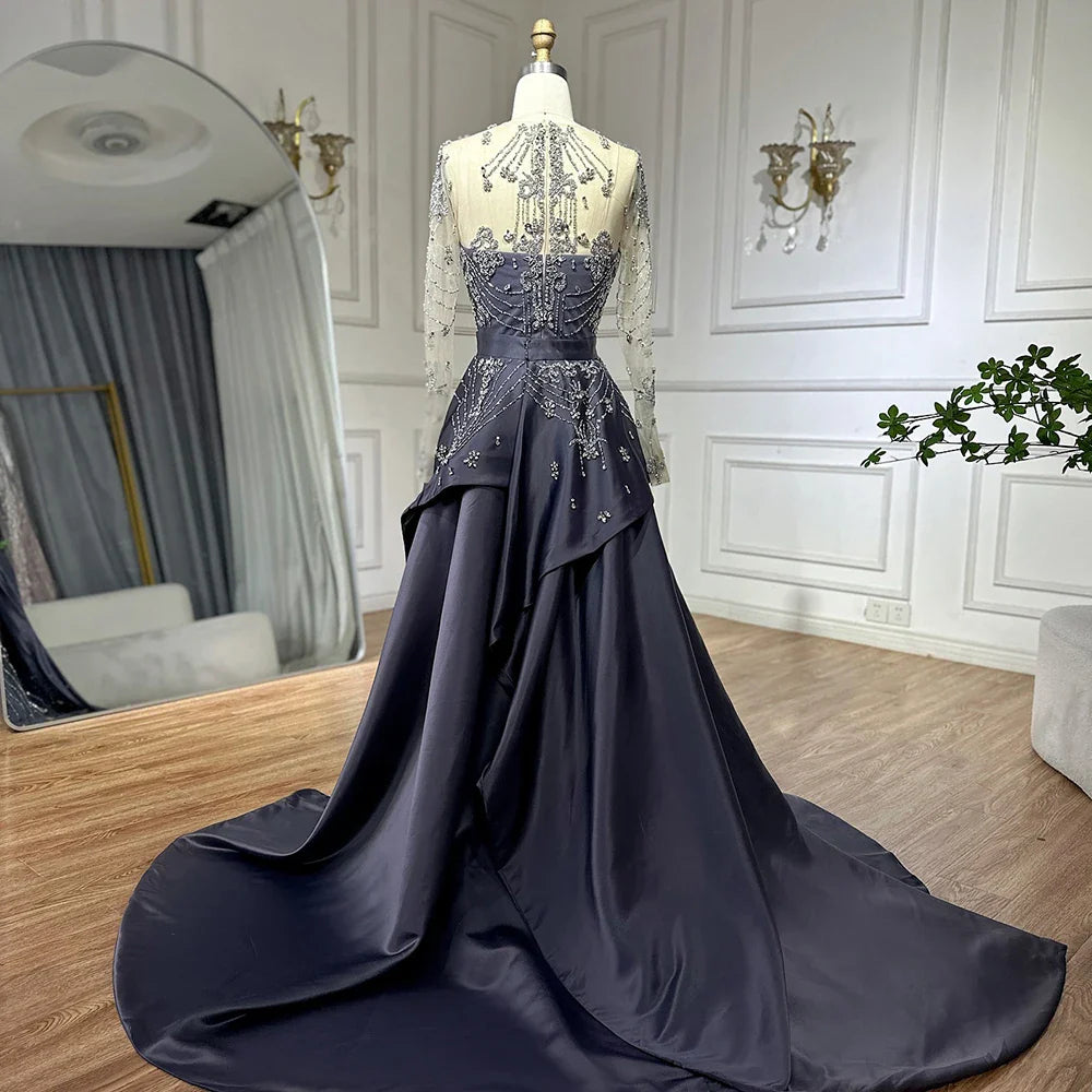 Luxury Dubai Blue Crystal Beaded Evening Dress with Overskirt LA72757 - SERENE HILL