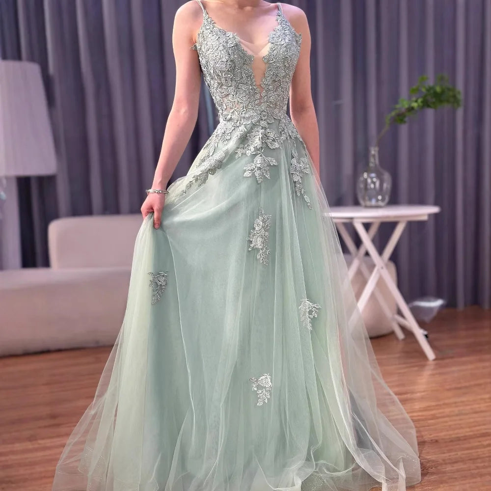 Luxury Sage Green Lace A-Line Prom Dress with Spaghetti Straps LA73005 - SERENE HILL