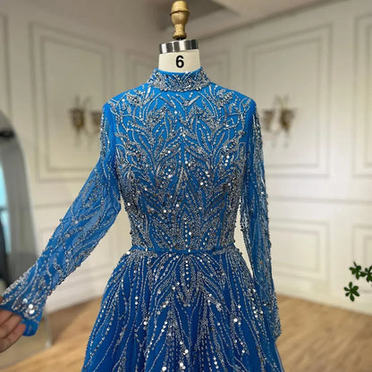 Luxury Muslim Blue A-Line Beaded Dubai Evening Dress LA72302A - SERENE HILL