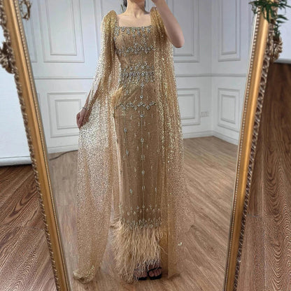 Bling Gray Mermaid Feather Arabic Midi Evening Dress with Cape LA72334 - SERENE HILL
