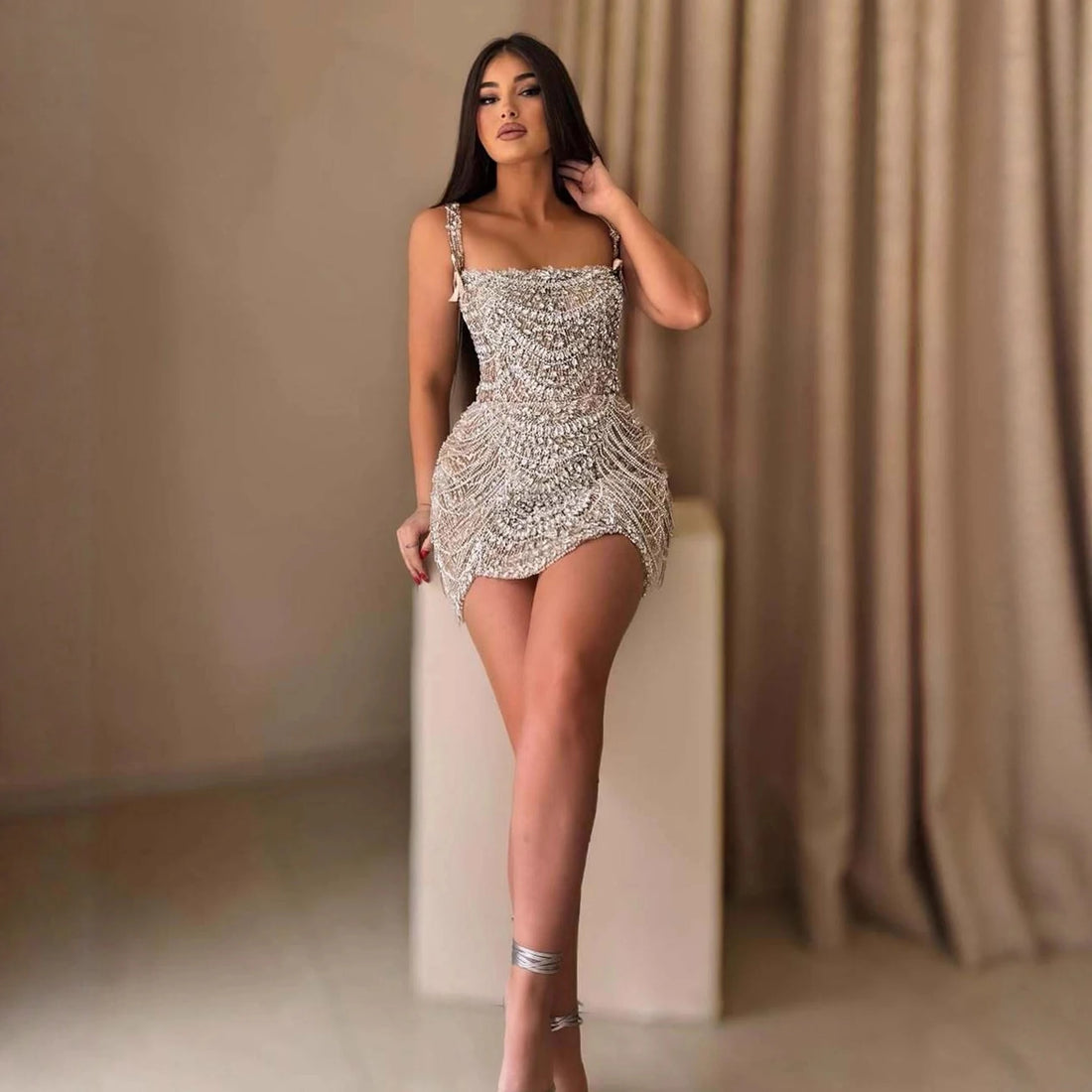 Luxury Nude Stone Strap Mini Cocktail Dress LA72983B - SERENE HILL