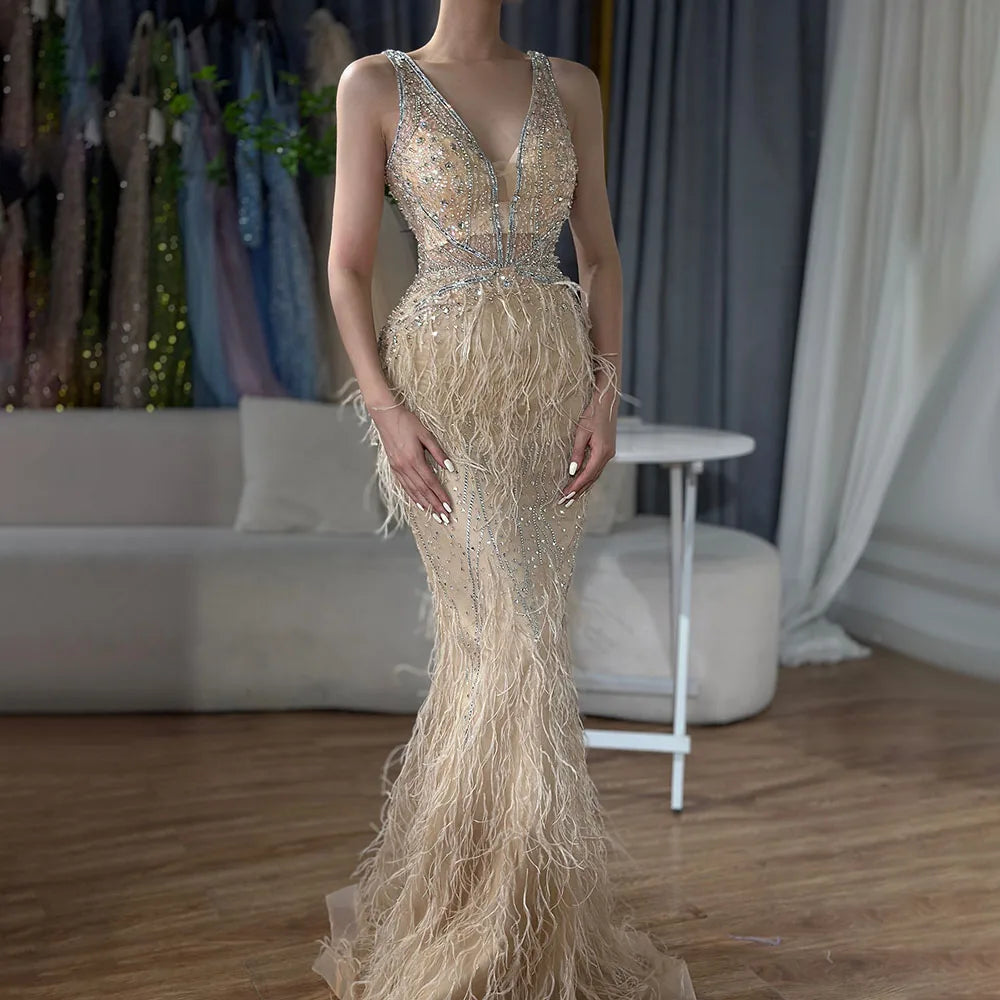 Serene Hill Arabic Blue Mermaid Elegant With Cape Luxury Beaded Feather Dubai Evening Dresses Gowns for Women Party LA71583B - SERENE HILL