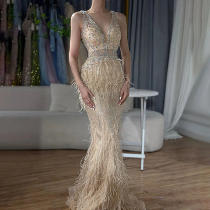 Serene Hill Arabic Blue Mermaid Elegant With Cape Luxury Beaded Feather Dubai Evening Dresses Gowns for Women Party LA71583B - SERENE HILL
