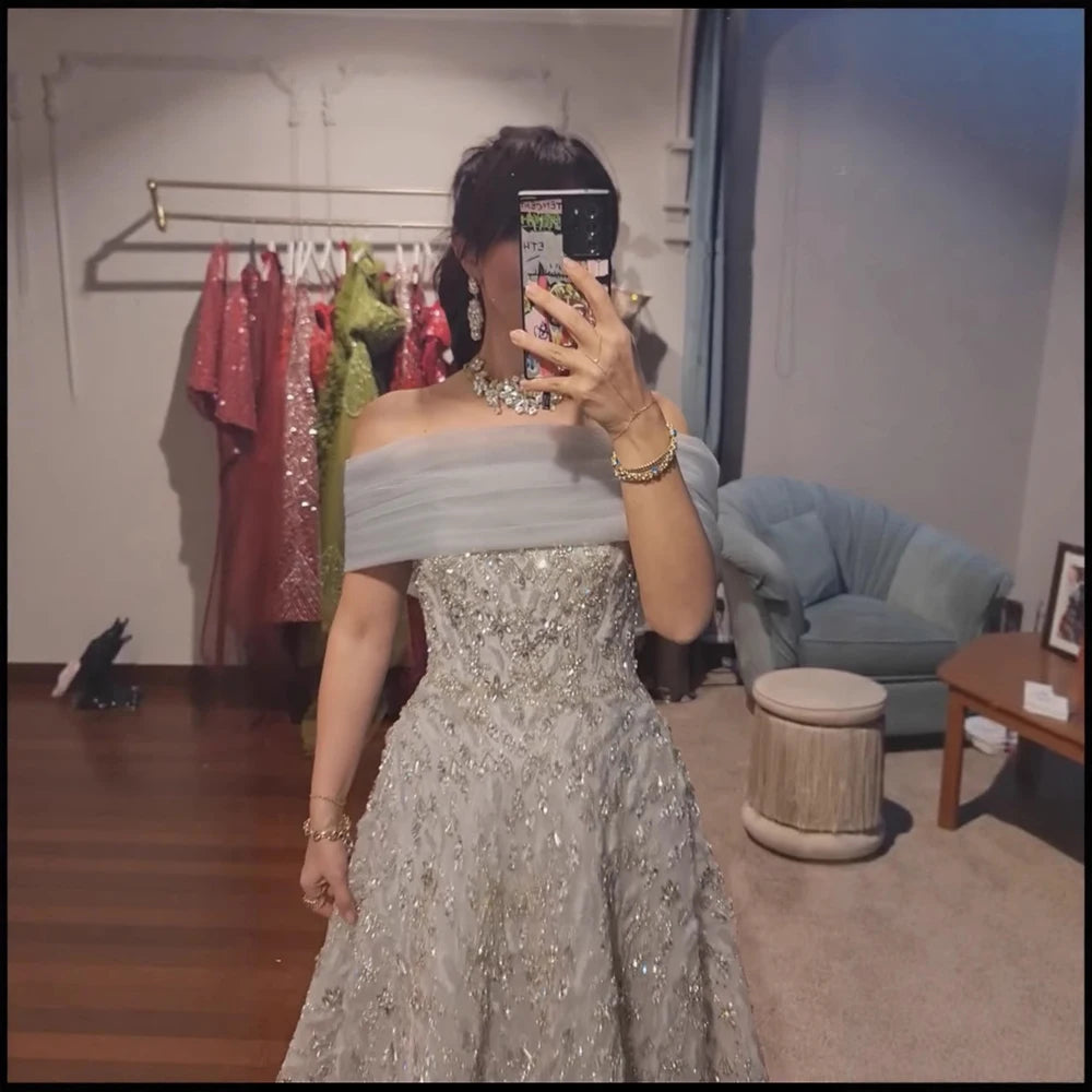 Glamorous Silver Gray Off-Shoulder Beaded Evening Dress LA73062 - SERENE HILL