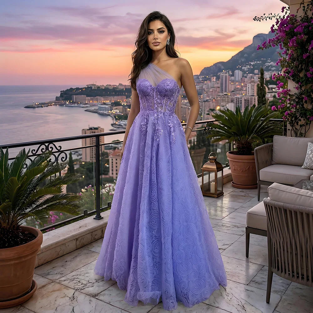 Luxury  Lilac One-Shoulder A-Line Lace Prom Dress for Women&