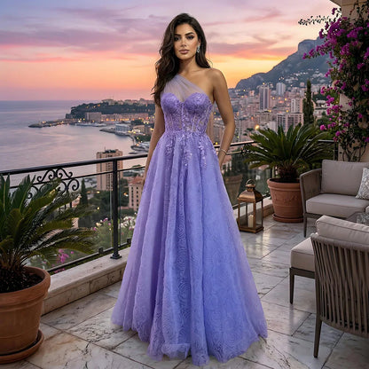 Luxury  Lilac One-Shoulder A-Line Lace Prom Dress for Women&