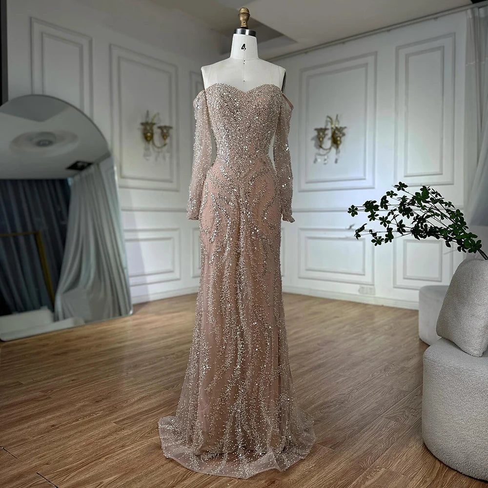Luxury Beaded Evening Dress Off-Shoulder Long Sleeves Sequins LA72824A - SERENE HILL