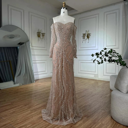 Luxury Beaded Evening Dress Off-Shoulder Long Sleeves Sequins LA72824A - SERENE HILL