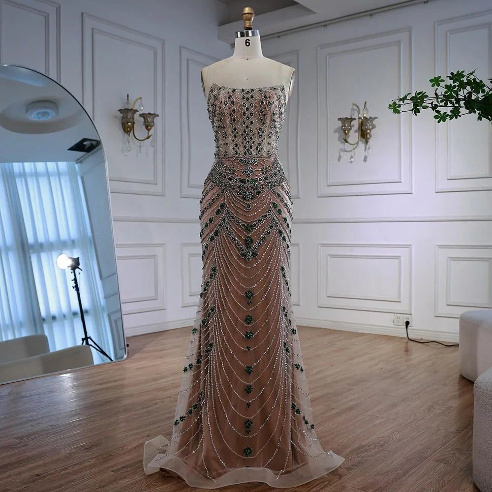 Luxury Green Beaded Saudi Arabic Evening Gown for Formal Occasion LA72842 - SERENE HILL