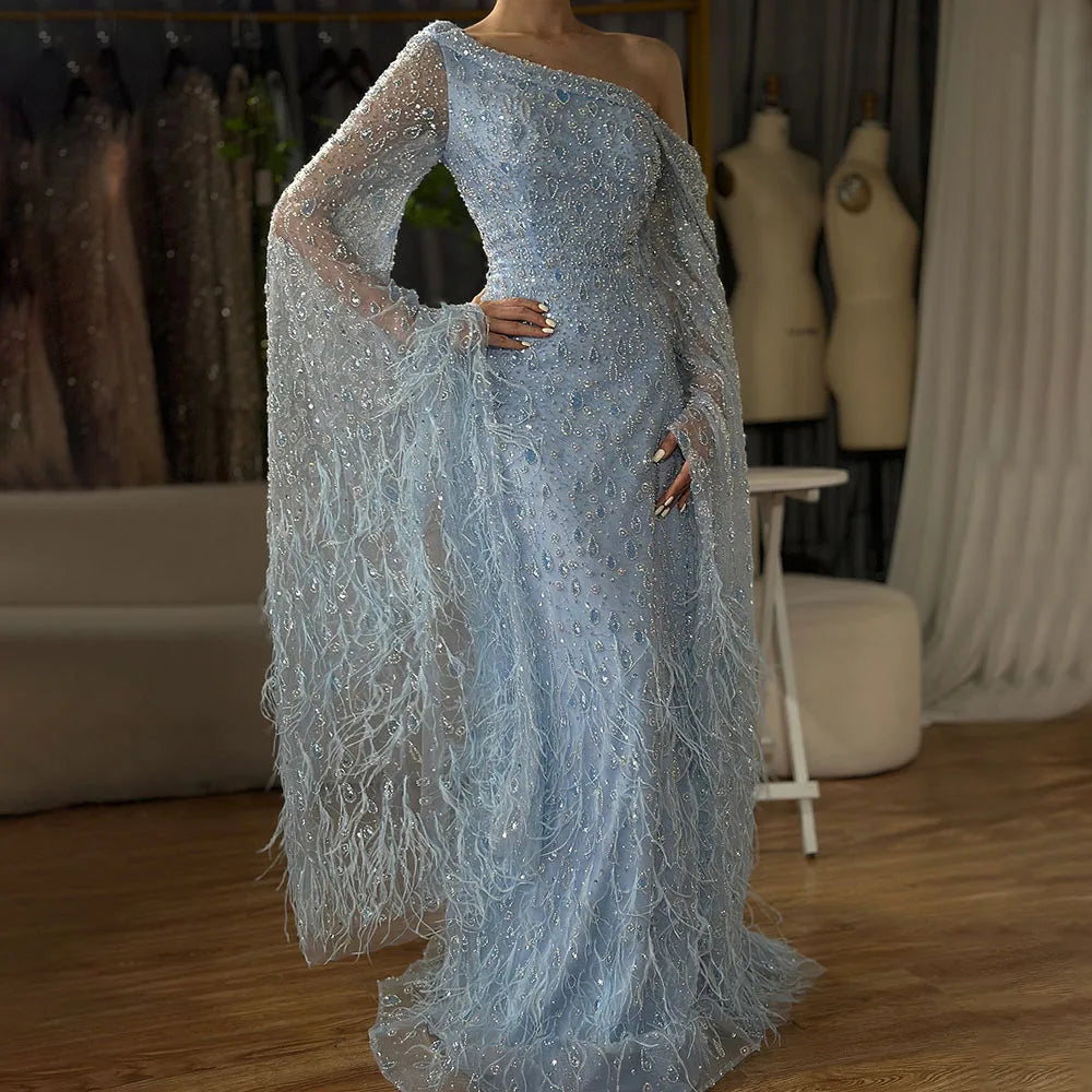 serene hill luxury blue designer evening dress with feather cape 