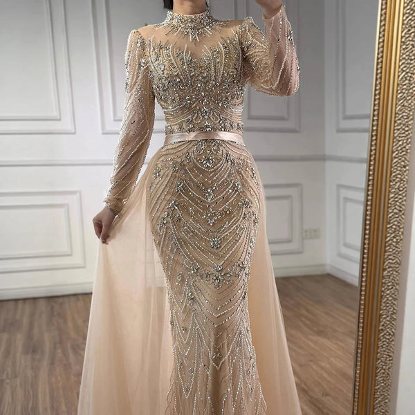 Luxury Pink Beaded Mermaid Evening Dress Long Sleeve LA73158