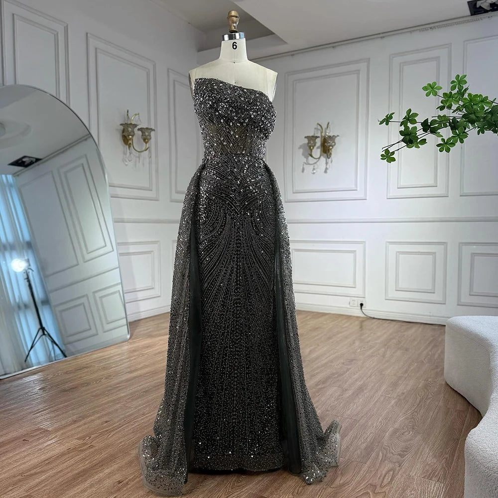 Luxury Olive Green Beaded Mermaid Evening Dress with Overskirt LA73164 - SERENE HILL