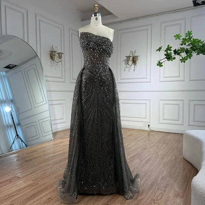 Luxury Olive Green Beaded Mermaid Evening Dress with Overskirt LA73164 - SERENE HILL
