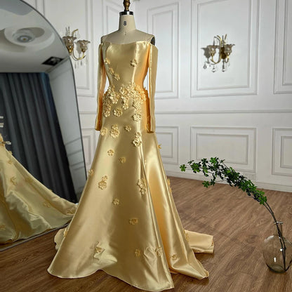 Luxury Dubai Arabia Yellow A-Line Satin Appliques Evening Dresses Gowns for Formal Occasion LA72833 - SERENE HILL