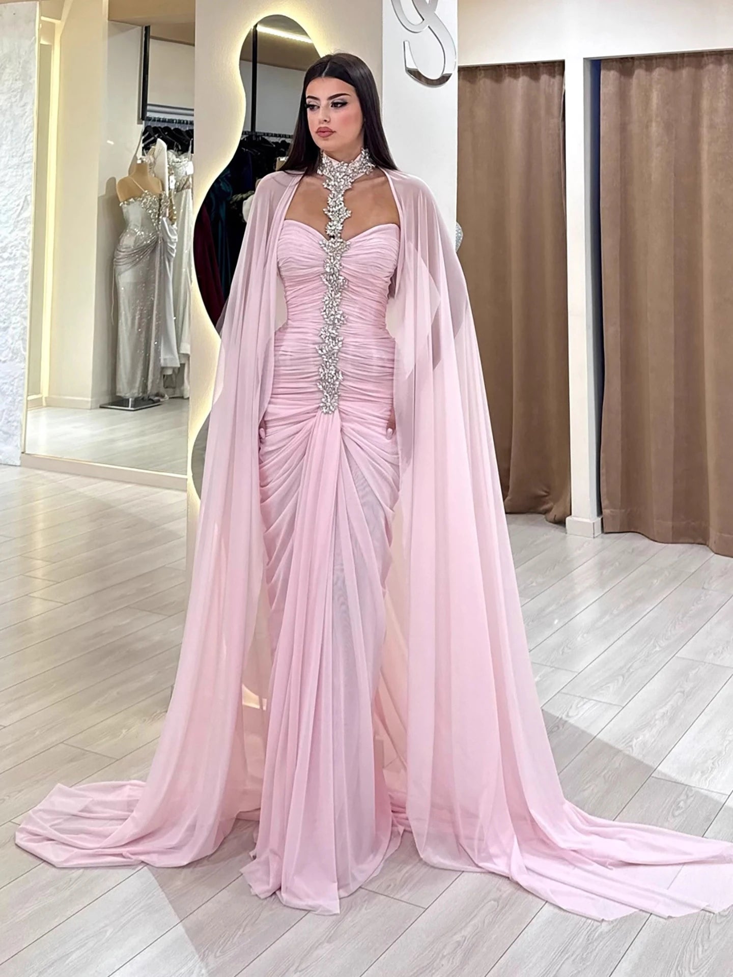 Luxury Pink Halter Crystal Beaded Evening Dress with Cape LA73374 - SERENE HILL