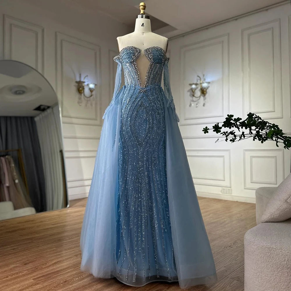 Luxury Blue Mermaid Evening Dress with Gloves and Overskirt LA72582 - SERENE HILL