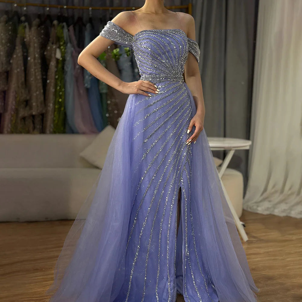 Serene Hill Blue Sexy Boat Neck Split Mermaid Elegant Beaded Arabic Evening Dresses Gowns For Woman Wedding Party 2025 LA71858 - SERENE HILL