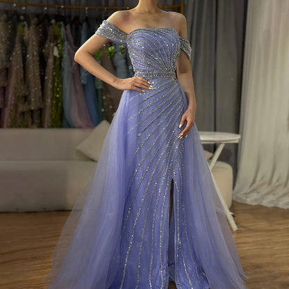 Serene Hill Blue Sexy Boat Neck Split Mermaid Elegant Beaded Arabic Evening Dresses Gowns For Woman Wedding Party 2025 LA71858 - SERENE HILL