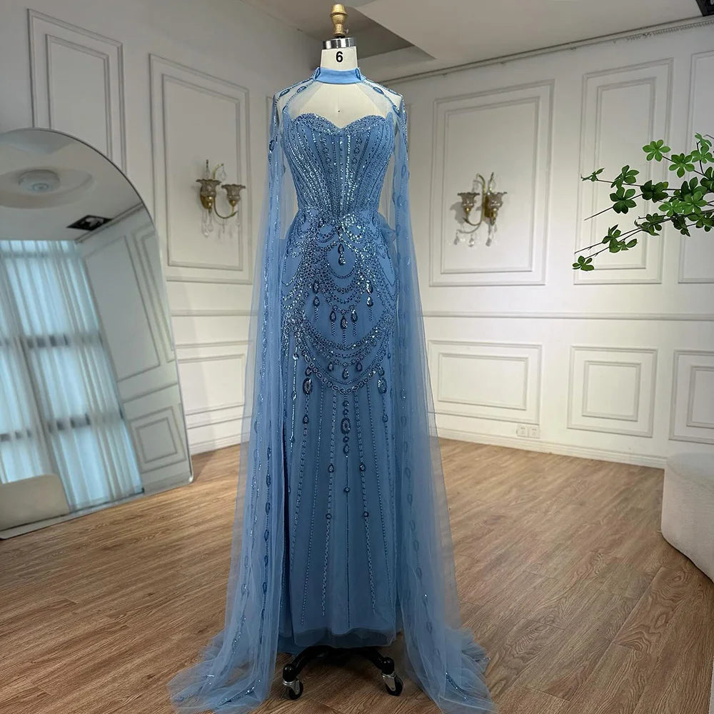 Luxury Blue Sequin Beaded Evening Dress with Cape Sleeves LA73108 - SERENE HILL